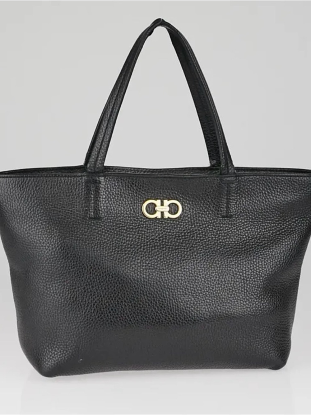 Salvatore Ferragamo Black Pebbled Leather Tote with Gold Gancio